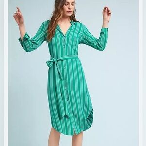 Anthropologie Maeve 2 Green Stripe Martina Shirt Dress ~ Button Down Roll Tab